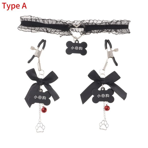 Jouets pour adultes Sex Tools Set Mode Femmes Gothique Simple Sexy Collier En Dentelle Pendentif Noeud Papillon Cloche Collier Ras Du Cou avec Clips En Métal Pinces À Mamelons 231010