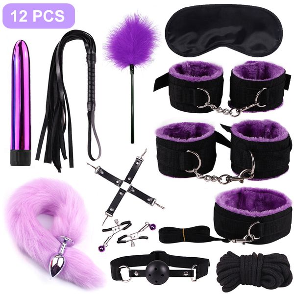 Toys adultes menottes Sexlady pour collier de colonne de cloulon de fouet set BDSM Bondage Corde érotique pour couples Femmes Anal Butt Plug Tail 230411