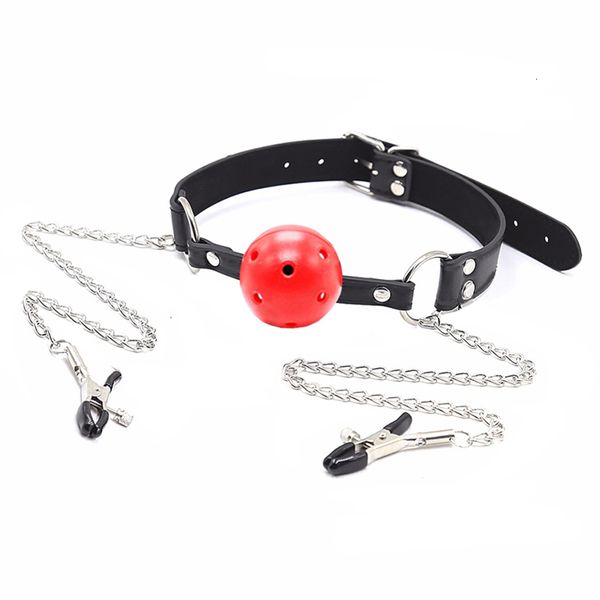 Jouets pour adultes Sexy PU Cuir Bouche Gag Ball Oral Avec Chaîne Mamelon Clip Fétiche Bondage Pinces Jouet Érotique 230411