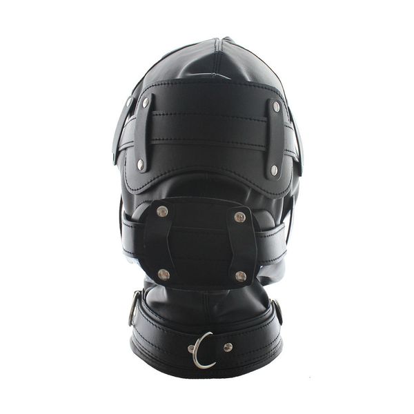 Juguetes para adultos SM Capucha acolchada de cuero con los ojos vendados con cabeza de bloqueo Arnés Máscara Fetish Slave BDSM Bondage Erótico Sex Toy Parejas Cosplay Party Mask 230710