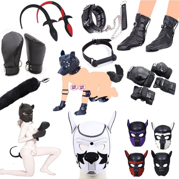 Juguetes para adultos SM Party Mask Puppy Play Dog Hood Mask Dog Paw Crawl Glove Dog Tail Plug BDSM Bondage Disfraz sexy Fetiche Perro Juego de rol Juguetes sexuales 230413