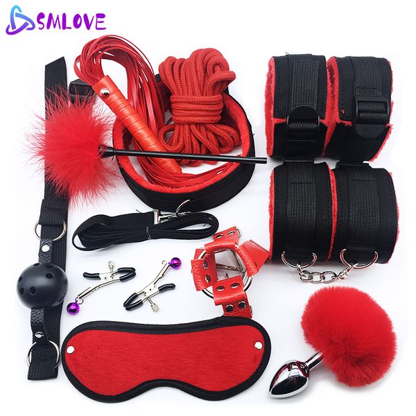 Jouets pour adultes SMLOVE Sex Menottes Collier Fouet Gag Pinces À Mamelons BDSM Bondage Corde Érotique Adulte Sex Toys Pour Femme Couples Anal Butt Plug Queue 230413