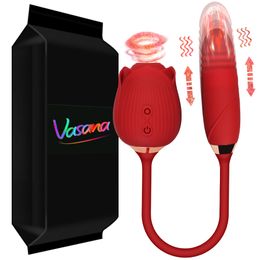 Volwassen speelgoed Vasana 10 Speed Rose zuigvibrator voor vrouwen 2 in 1 clitorisstimulator en liefdesei-dildo met telescopische stuwkracht 230911