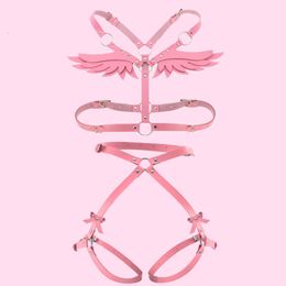 Jouets pour adultes Femmes Angel Wings Harnais Ensemble Rose PU Cuir Jarretière Gothique Jarretelles Corps Bondage Taille Cuisse Sangle Sexy Lingerie Cage 230426