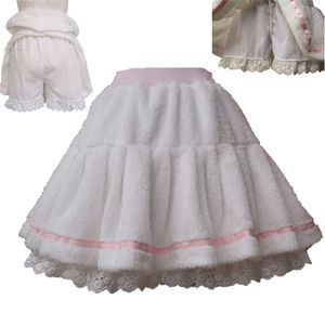 Adulte femmes hiver chaud polaire Mini pantalon plissé jupe bande taille blanc doux mignon Lolita Costume pour dame Preppy filles 210629
