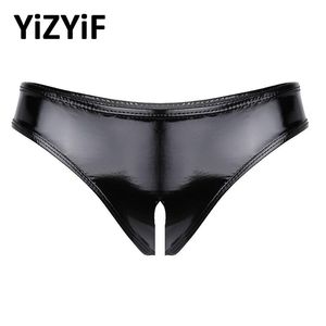 Culottes pour femmes adultes sous-vêtements Sexy femmes érotique trou de chatte Lingerie cuir verni noir entrejambe ouvert Mini slips en Latex Porno sexe