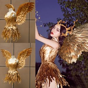 Volwassenen Sexy Gouden Jurk Feather Angel Wings Bar Show Kostuum Kinderen Schattige Fee Wings + Jurk Nice Photography Props