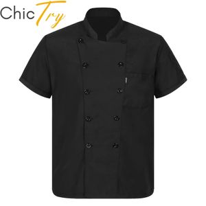 Adultes Unisexe Chef Shirt Women Mens Restaurant travail Uniforme Stand Collar Coat Canteen El Cook Service de nourriture Veste 240412