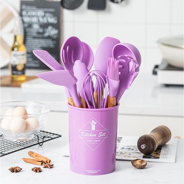 Ustensiles de cuisine Manche en bois de silicone avancé 12 pièces/ensemble d'outils de cuisine Ensemble de chef de cuisine avec boîte de rangement Spatule Cuillère Cuisson de cuisine