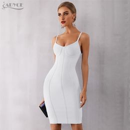 Adyce New Summer White Bodycon Bandage Dress Femmes Sexy Spaghetti Strap Sans Bretelles Longueur Au Genou Celebrity Soirée Robe De Soirée 210309