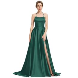 AE19 Sexy Backless Long Prom Dresses Green Evening Jurk Satin Prom -jurken Spaghetti Riem spleet feestjurken