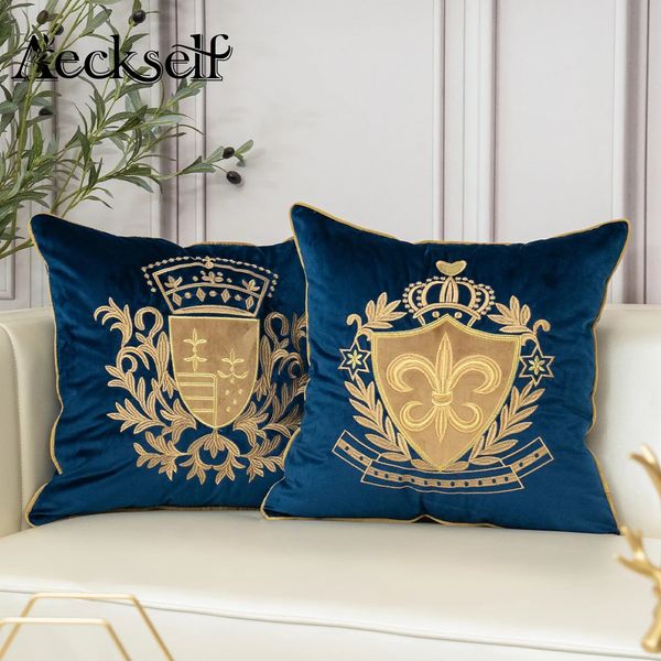 Aeckself Luxury Européen Broidery Velvet Cushion Cover Home Decor Navy Blue Gold Beige Black Throw Case 231221