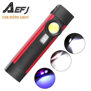 AEFJ Draagbare 4 Modus COB-flitslicht UV-toorts USB oplaadbare LED-werklamp Magnetische XPE Hangende haaklamp voor Outdoor Camping 211231