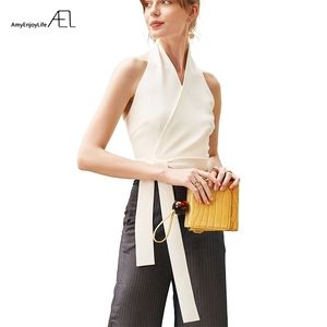 AEL Sexy Halter Top Mujer Bustier Crop Elegante Lady Tie Cintura Chaleco Blanco / Negro Verano Blusa delgada Mujer 220318