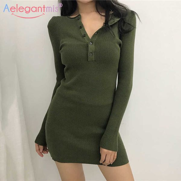 Aelegantmis Otoño Vestido ajustado de punto para mujeres Sexy V Cuello Slim Manga larga Fiesta Damas Negro Mini suéter 210607