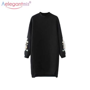 Aelegantmis Herfst Lange Losse Borduurwerk Sweatshirts Dames Casual Pullover Hoodies Dames Mode Hoge Low Split Uitloper 210607