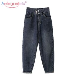 Aelegantmis Automne Vintage Lâche Droite Taille Haute Maman Jeans pour Femmes BF Style Lavé Baggy Dames Casual Denim Pantalon 210607