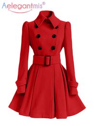 Aelegantmis automne hiver Vintage femme laine manteau classique Long Trench manteau avec ceinture bureau dame décontracté affaires vêtements d'extérieur 220812