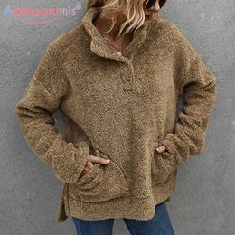 Aelegantmis herfst winter warme faux bont pluizig vrouwen sweatshirts vrouwelijke oversize harige truien dames Basic Pocket Coat 210607