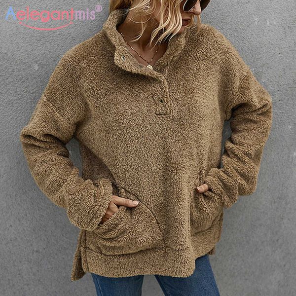 Aelegantmis automne hiver chaud fausse fourrure moelleux femmes sweats femme surdimensionné fourrure pulls dames basique poche manteau 210607