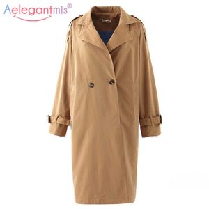 Aelegantmis automne femmes décontracté surdimensionné Trench manteau ample Vintage lavé vêtements d'extérieur dames haute rue Long pardessus 210607