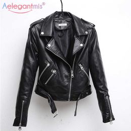 Aelegantmis Black Short Soft Faux Leather Jacket Autumn Vrouwen Straat Casual Pu Turn-down kraag Dames Bovenkleding 210.607