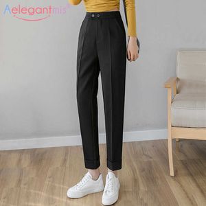 Aelegantmis Pantalon de costume noir Femmes Taille haute Bureau Dames Poches Droite Longue Femme Beige Pantalon décontracté 210607