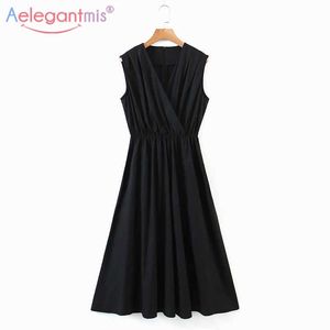 Aelegantmis Noir Col En V Croix Sans Manches Robes De Soirée Femmes Solide Élégant Empire Taille Robe D'été Simple Mode Vestidos 210607