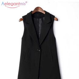 Aelegantmis Casual Black Vest Femmes Costume élégant Printemps Automne Vestes sans manches Vêtements d'extérieur Office Lady Slim Gilet Plus Taille 210607