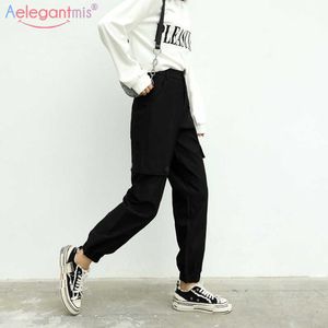 Aelegantmis décontracté poches Cargo pantalon femmes Joggers noir taille haute lâche femme pantalon Hip Hop Style coréen dames 210607