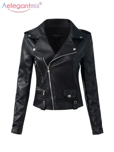 Aelegantmis décontracté veste en cuir PU femmes classique fermeture éclair courte moto vestes dame automne hiver basique en cuir manteau noir 240125