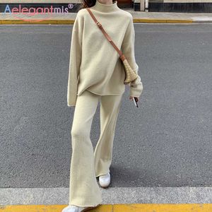 Aelegantmis Casual Zachte Solid Wide Pen Gebreide Broek Tweedelige Set Dames Turtleneck Pullover Vrouw Brei Broek Uitlopen Korea 210607