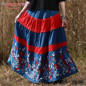 Aelegantmis estilo chino bordado hecho a mano falda larga mujeres étnicas vintage lino casual damas moda más tamaño s 210607