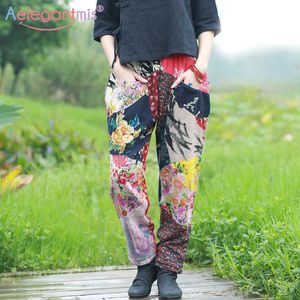 Aelegantmis Chinese stijl linnen losse casual broek vrouwen vintage nationale mode patchwork lange broek dames streetwear broek 210607