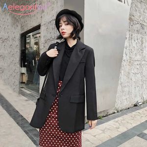 Aelegantmis klassiek zwart losse lange vrouwen toevallige blazer jas vrouwelijke vintage streetwear bovenkleding kantoor dame werkpak jassen 210607