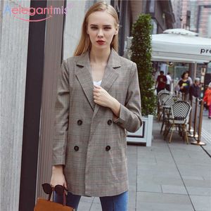 Aelegantmis classique pied de poule femmes Blazers décontracté cranté Double boutonnage Long Blazer veste bureau dame manteaux 210607