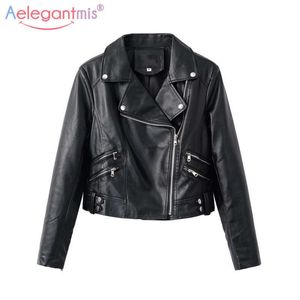 Aelegantmis Classic Korte PU Faux Lederen Jas Dames Cool Zippers Slanke Biker Motorcyle Dames Herfst Winterjassen Zwart 210607