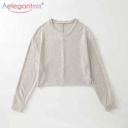 Aelegantmis Cozy O Pescoço Solto Camisetas Mulheres Macio Básico Manga Longa Tops Feminino Sólido Coreano Chic Primavera Regular 210607