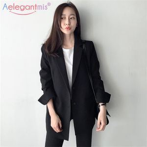 Aelegantmis Élégant À Manches Longues Slim Blazer Veste Femmes Casual Noir Outwear Printemps Automne Lady Bureau Costume Blazer Plus Taille 201114