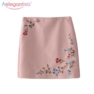 Aelegantmis mode herfst roze korte pu lederen rok vrouwen val bodycon mini floral borduurwerk potlood rokken hoge taille 210607