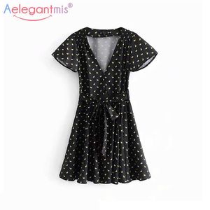 Aelegantmis moda negro estampado mujer verano vestido Sexy cuello pico manga corta Mini señoras elegante Casual primavera es 210607