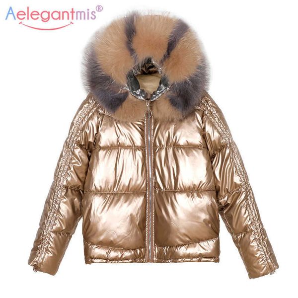 Aelegantmis Mode Oversize Veste d'hiver Femmes Down Coton Parkas rembourrés avec capuche de fourrure Femme Casual Épais Chaud Neige Outwear 210607