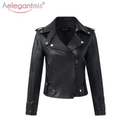 Aelegantmis Chaqueta de cuero PU de moda para mujer, chaquetas cortas delgadas para motocicleta, abrigo de cuero suave para mujer, prendas de vestir exteriores básicas para Otoño e Invierno 240124