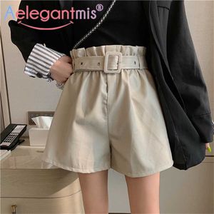 Aelegantmis Mode PU-lederen shorts met riem vrouwen lente elastische taille losse vrouwelijke faux korte broek sjersen 210607