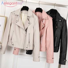 Aelegantmis Mode Slim Femmes Faux Veste En Cuir Casual Biker Moto Vestes Femme Punk Streetwear Printemps Automne Manteau 211110