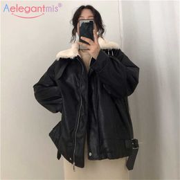 Aelegantmis mode winter faux bontjas vrouwen lederen jas dikker warm zwart bovenkleding vrouwelijke losse pluche sherpa 210607
