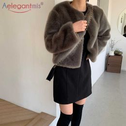 Aelegantmis Faux Mink Fur Jacket Mujer Suelta Elegante Grueso Abrigos peludos Alta calidad Invierno Cálido O Cuello Sólido Outwear Moda 210607