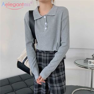 Aelegantmis haute qualité femmes bouton mince doux solide pull en tricot pull col rabattu femme tricoté coréen 210607