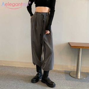 Aelegantmis taille haute taille large pantalon femme lâche bureau dame droite pantalon décontracté cordon coréen chic streetwear 210607