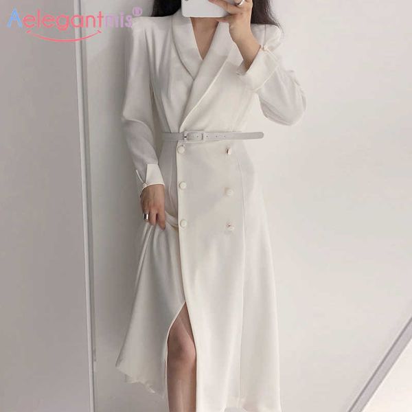 Aelegantmis coreano casual oficina dama vestido blanco con cinturón mujeres primavera doble pecho trinchera femenina elegante negro ol 210607